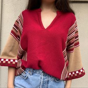 Vintage Burgundy stripes and checkerboard sweater